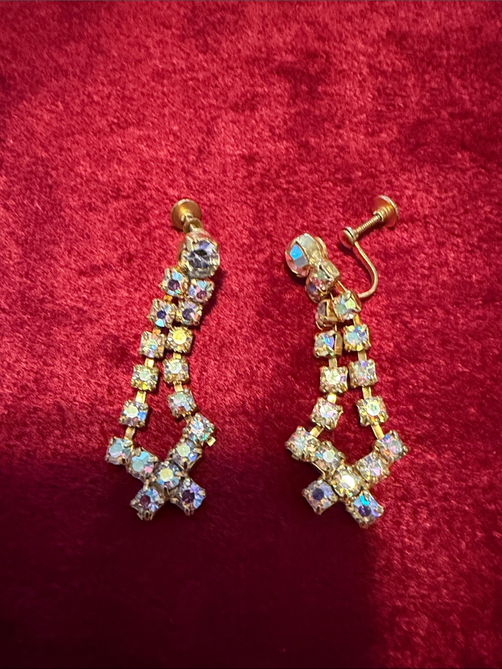 Vintage Gold-Tone AB Crystal Drop Earrings - Iridescent